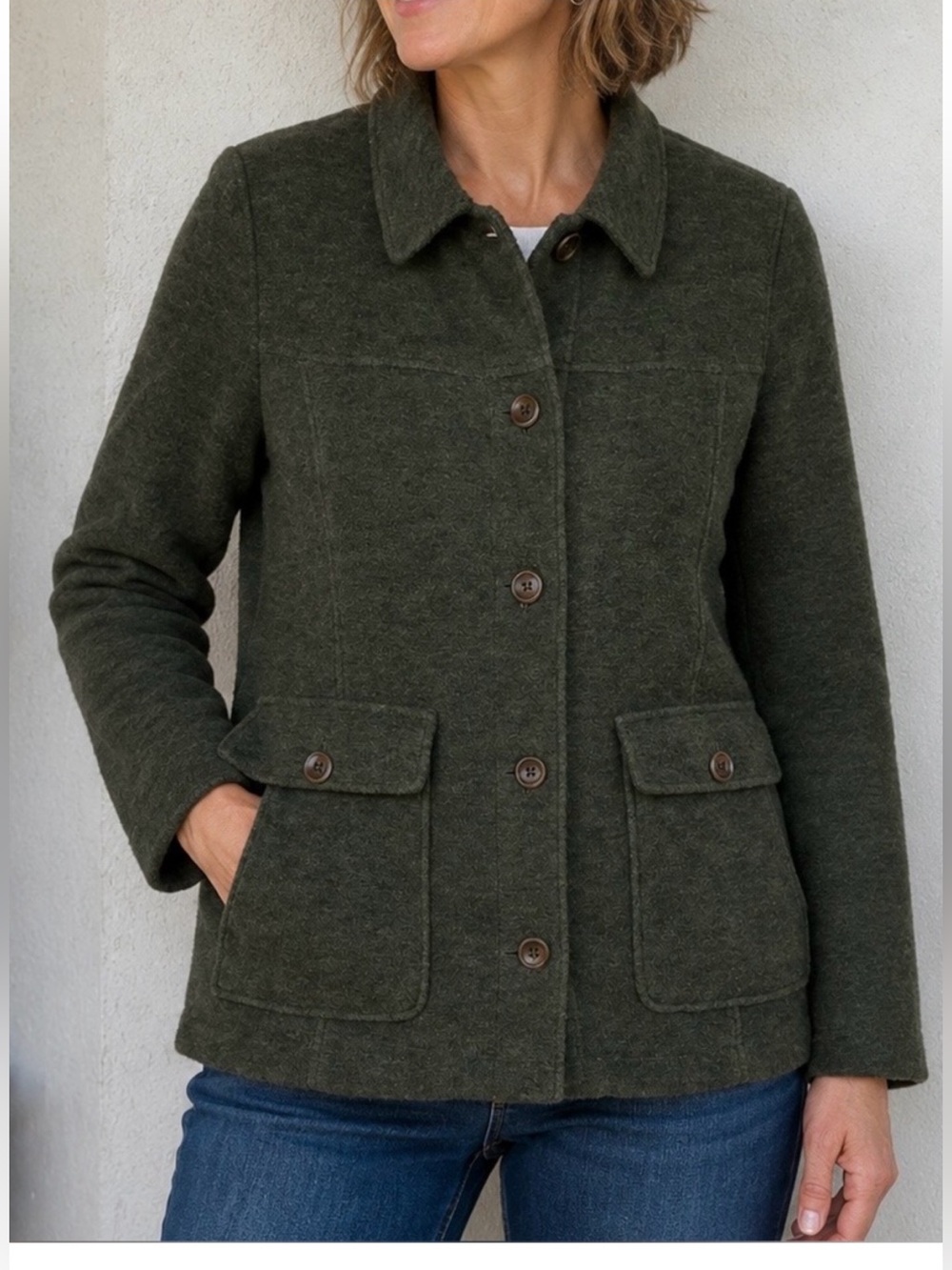 L.L.Bean Women’s Olive Wool Blend Barn Jacket Classic Field Coat Petite M PM